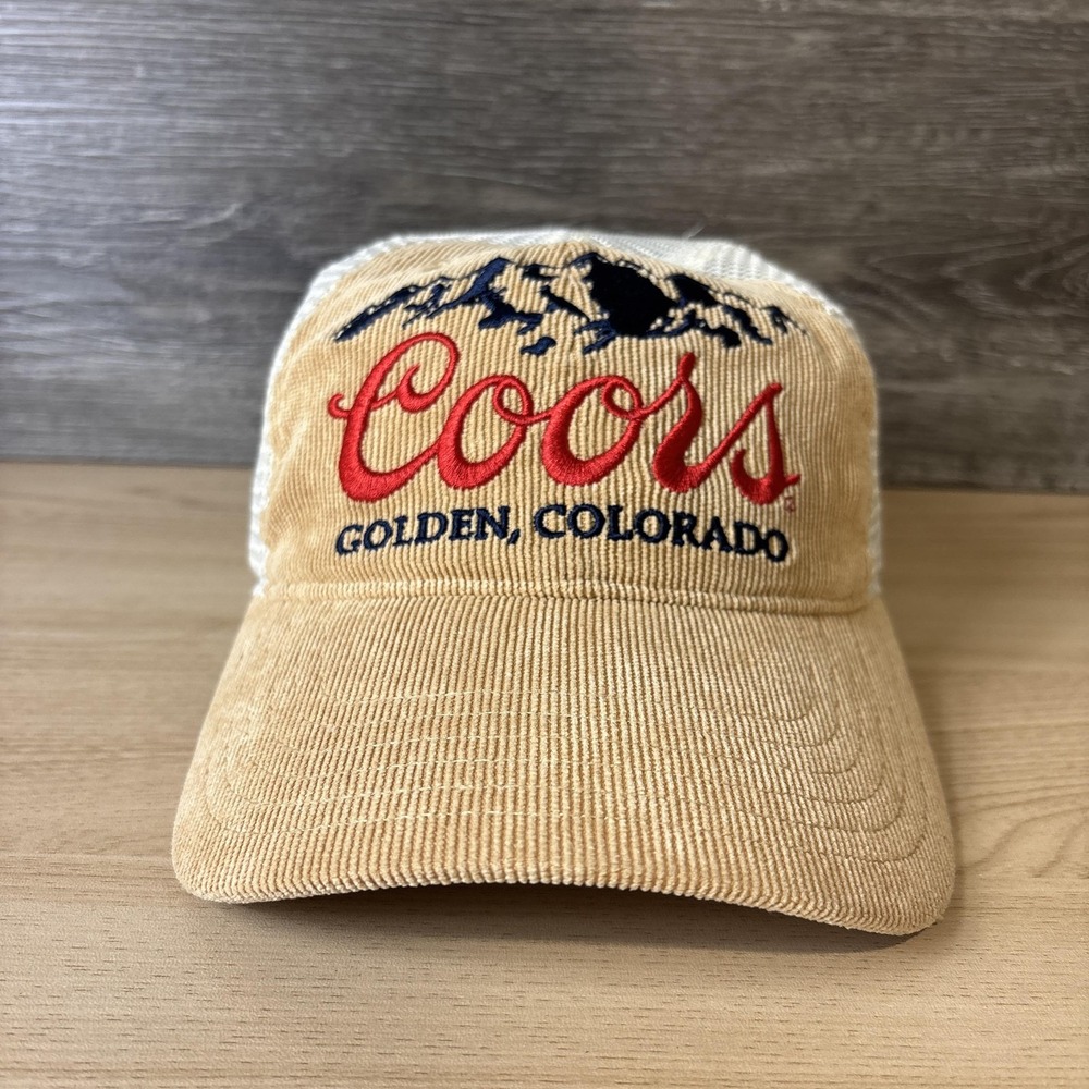 Coors Hat Cap Snap Back Tan Trucker Corduroy Embroidered Golden Colorado Mens
